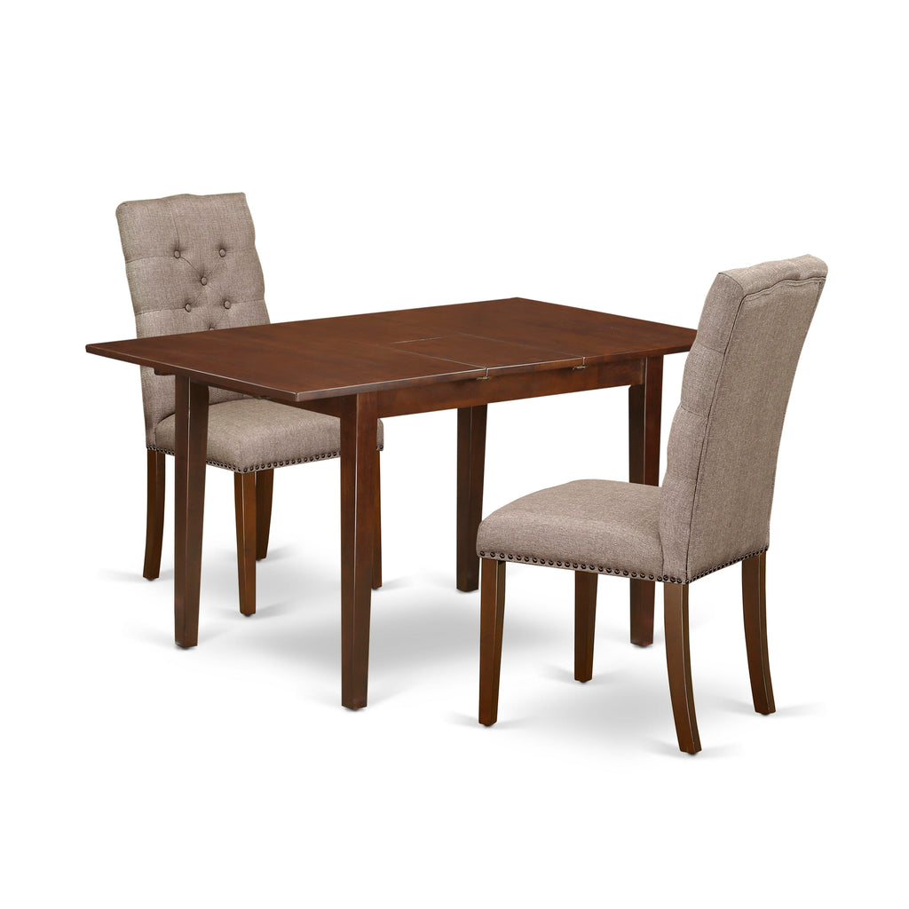 NFEL3-J83-1X 3-Piece Mahogany Dining Set Butterfly Leaf Table & Dark Khaki Chairs Ensemble