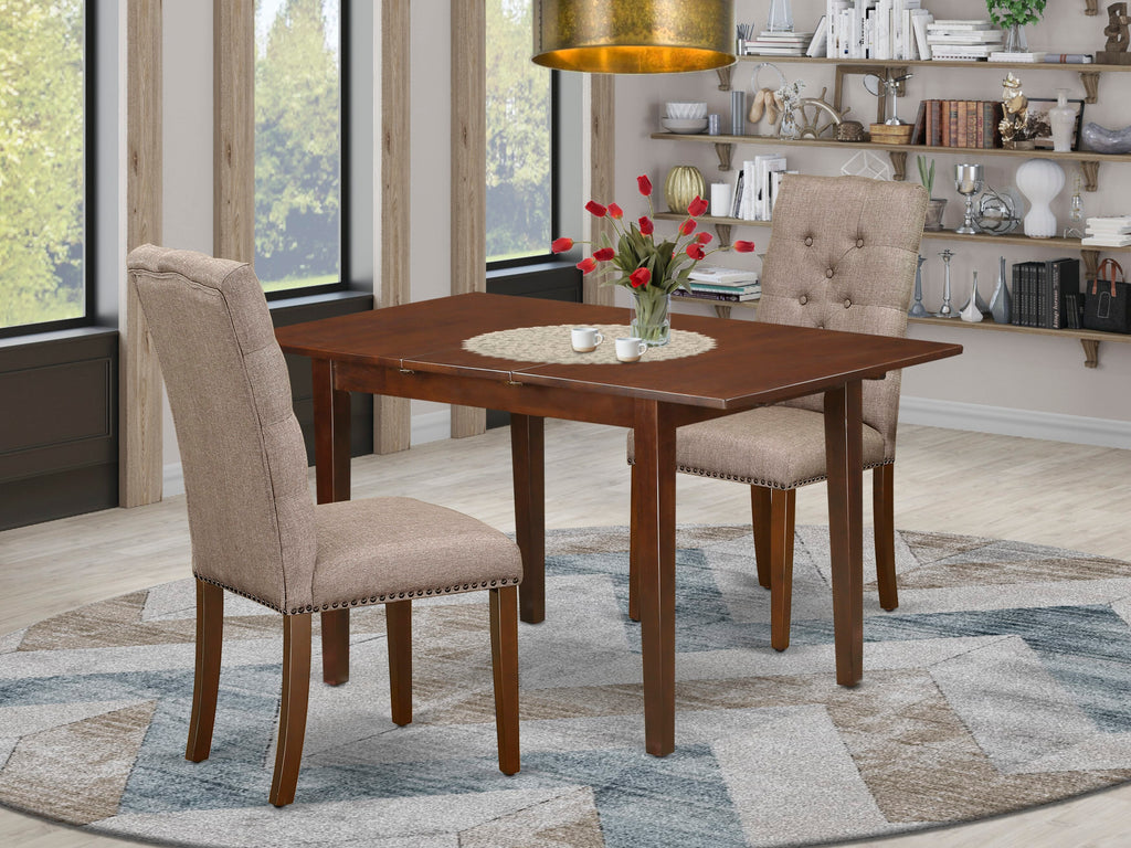 NFEL3-J83-1X 3-Piece Mahogany Dining Set Butterfly Leaf Table & Dark Khaki Chairs Ensemble