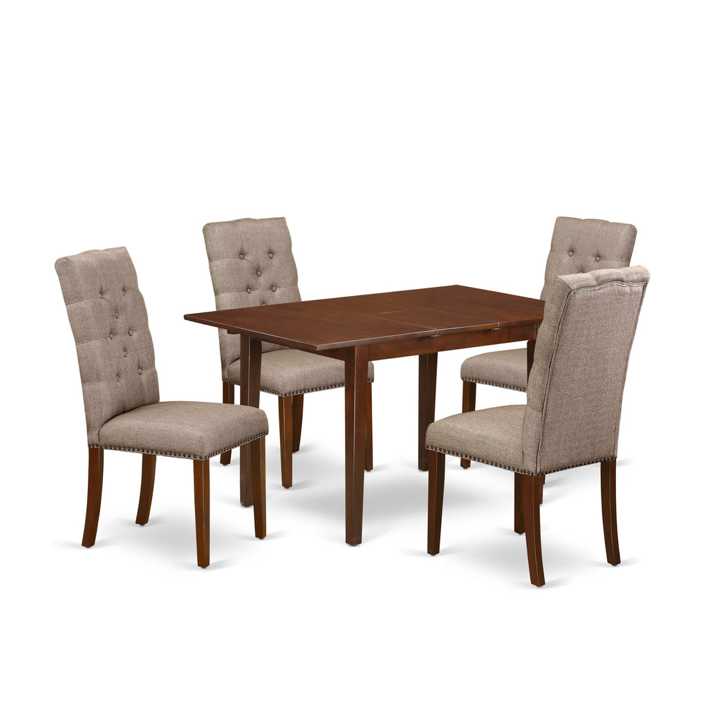 NFEL5-V5C-5M 5 Piece Dining Set with Expanding Dining Table and 4 Dark Khaki Linen Chairs, Mahogany