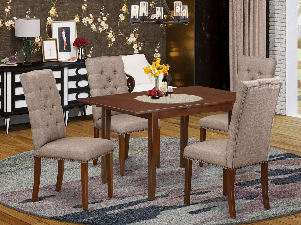 NFEL5-V5C-5M 5 Piece Dining Set with Expanding Dining Table and 4 Dark Khaki Linen Chairs, Mahogany