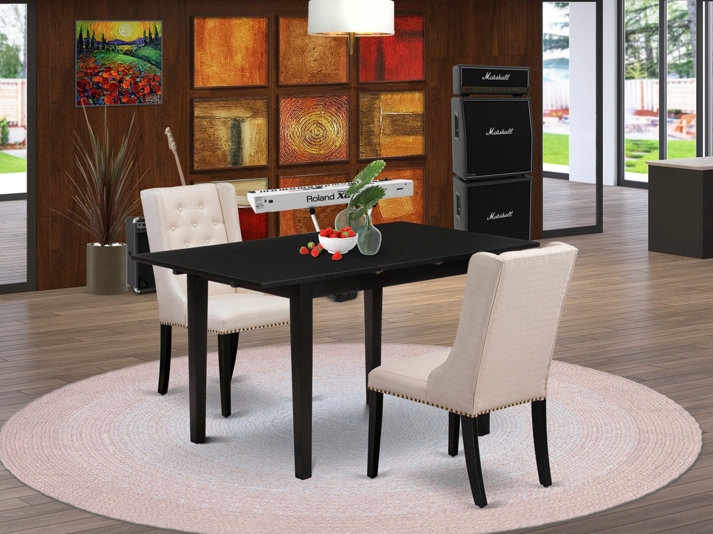 NFFO3-MV4-MQ 3-Piece Dining Set with Table, Butterfly Leaf, and Cream Linen Chairs, Black Finish