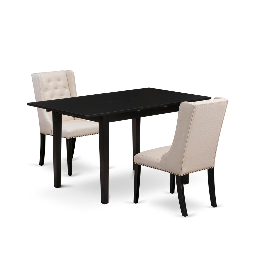 NFFO3-MV4-MQ 3-Piece Dining Set with Table, Butterfly Leaf, and Cream Linen Chairs, Black Finish