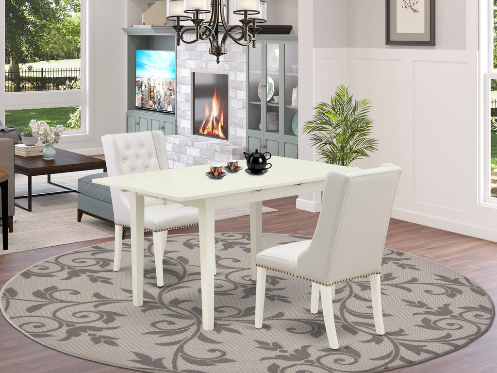 NFFO3-6Y5-6M Chic 3PC Linen White Dining Set Butterfly Leaf Table & 2 Grey Faux Leather Chairs 32x54