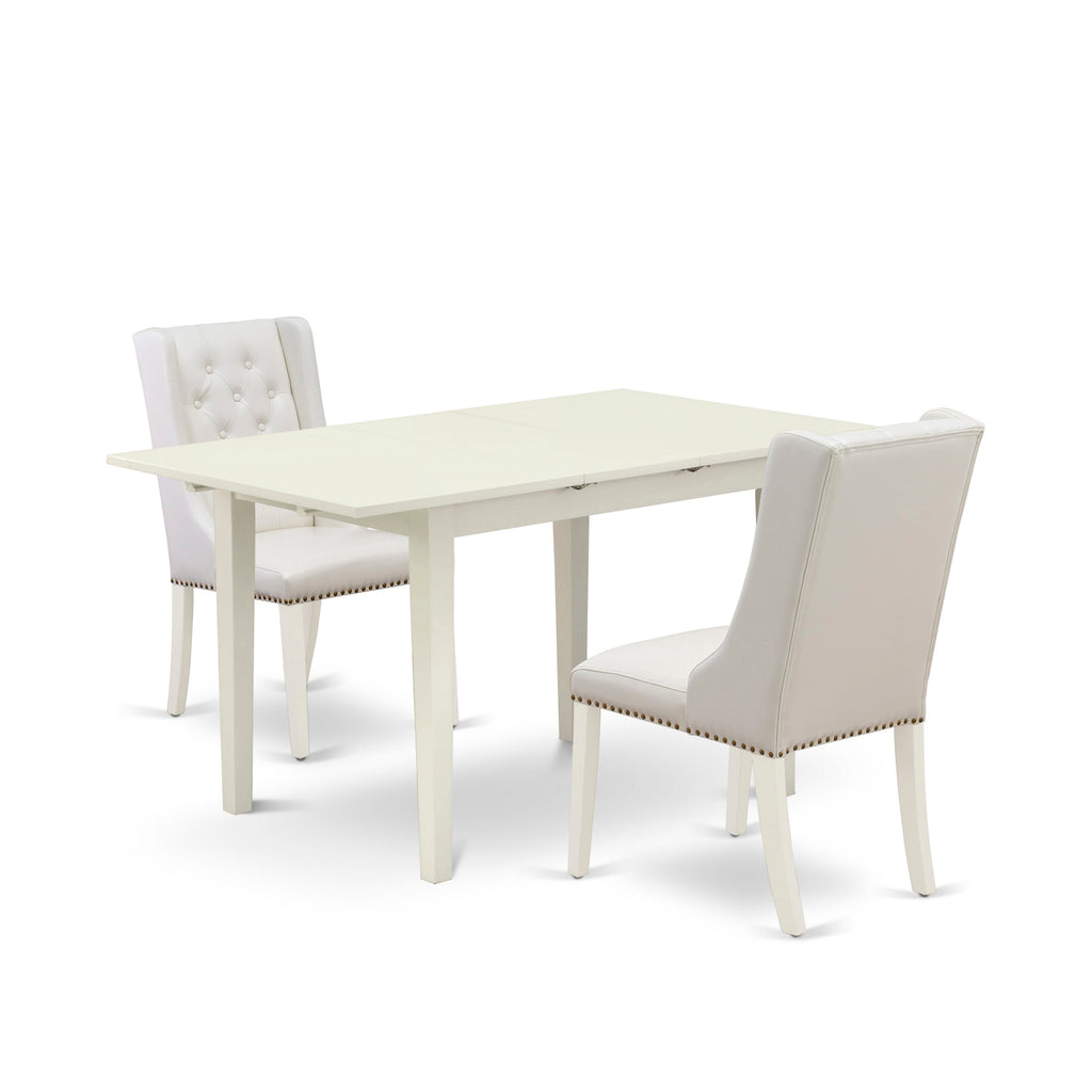 NFFO3-6Y5-6M Chic 3PC Linen White Dining Set Butterfly Leaf Table & 2 Grey Faux Leather Chairs 32x54