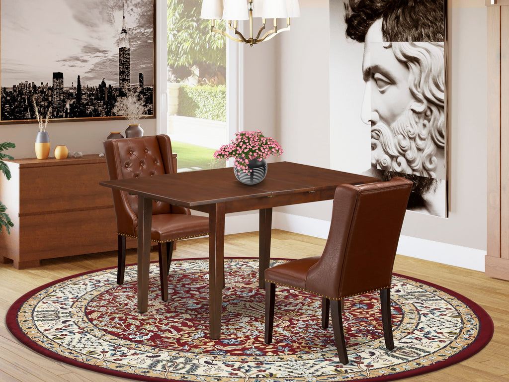 Dining Collection NFFO3-V5F-H7 Rectangular Table with Extension and Brown Leather Seats, 3-Piece Set, 32 x 54, Linen White Finish