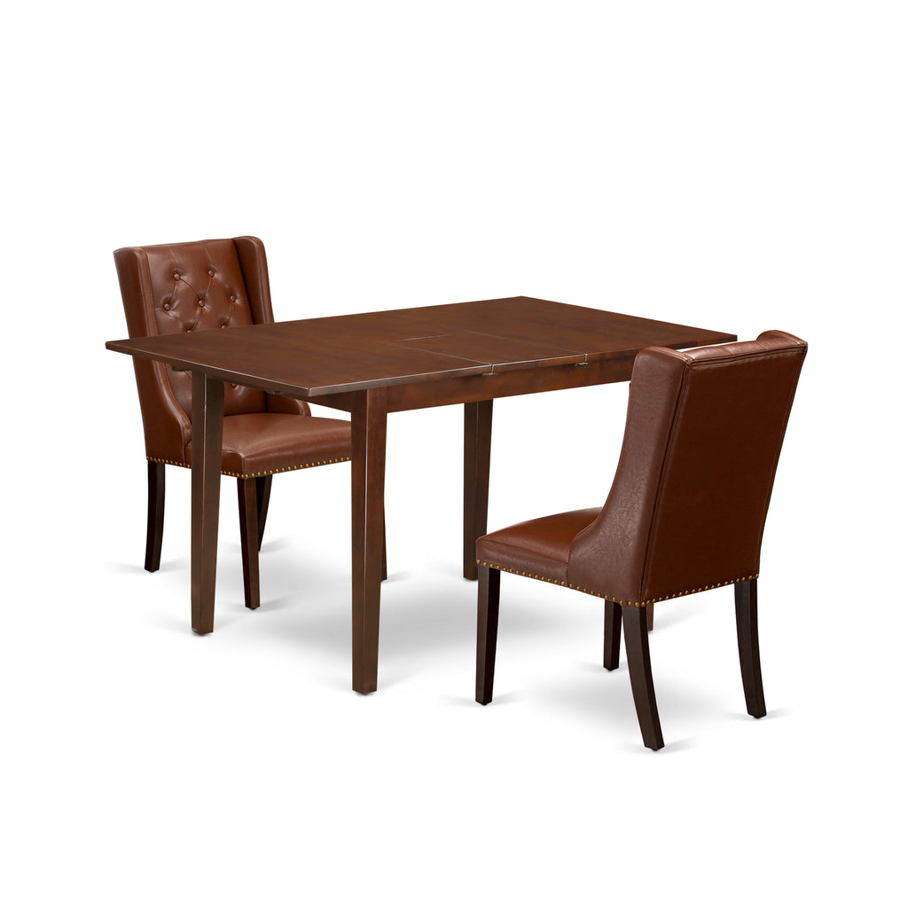 Dining Collection NFFO3-V5F-H7 Rectangular Table with Extension and Brown Leather Seats, 3-Piece Set, 32 x 54, Linen White Finish