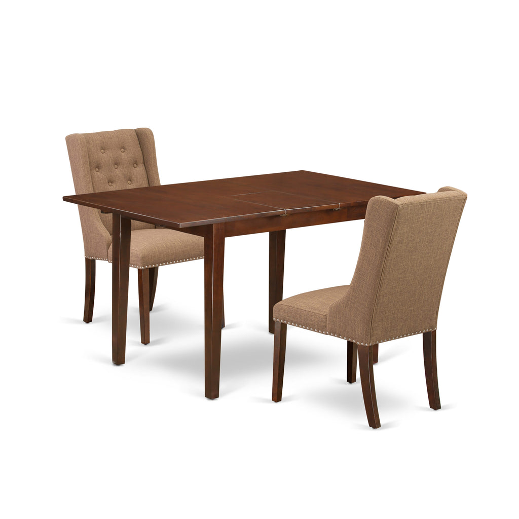 NFFO3-W62-L9 3 Piece Dining Suite with Rectangle Table, Extendable Leaf, and 2 Linen White Cushioned Chairs