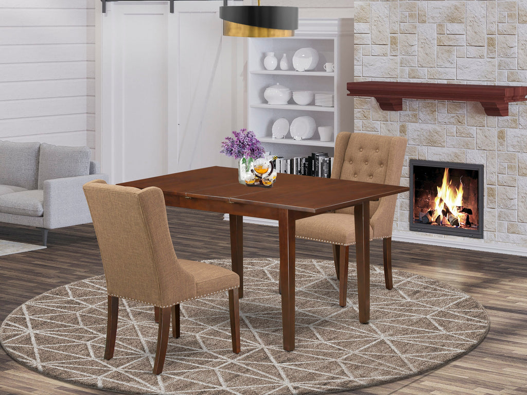 NFFO3-W62-L9 3 Piece Dining Suite with Rectangle Table, Extendable Leaf, and 2 Linen White Cushioned Chairs