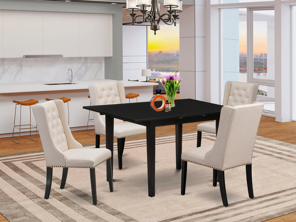 Dining Ensemble NFFO5-FAG-8P Rectangle Table with Extending Leaf & 4 Cream Upholstered Chairs
