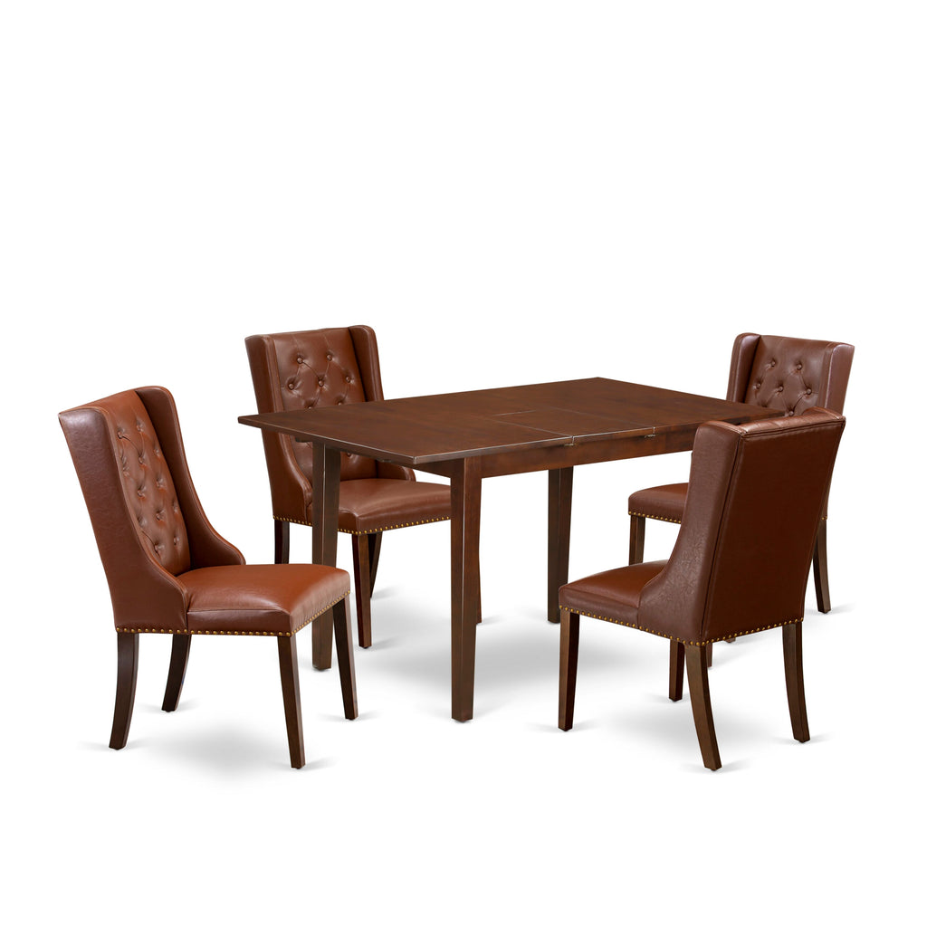 NFFO5-FJA-GF 5-Piece Dining Set with Expanding Table & 4 Chairs Faux Leather Upholstery, Mahogany 32x54 Size