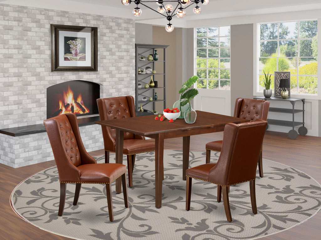 NFFO5-FJA-GF 5-Piece Dining Set with Expanding Table & 4 Chairs Faux Leather Upholstery, Mahogany 32x54 Size