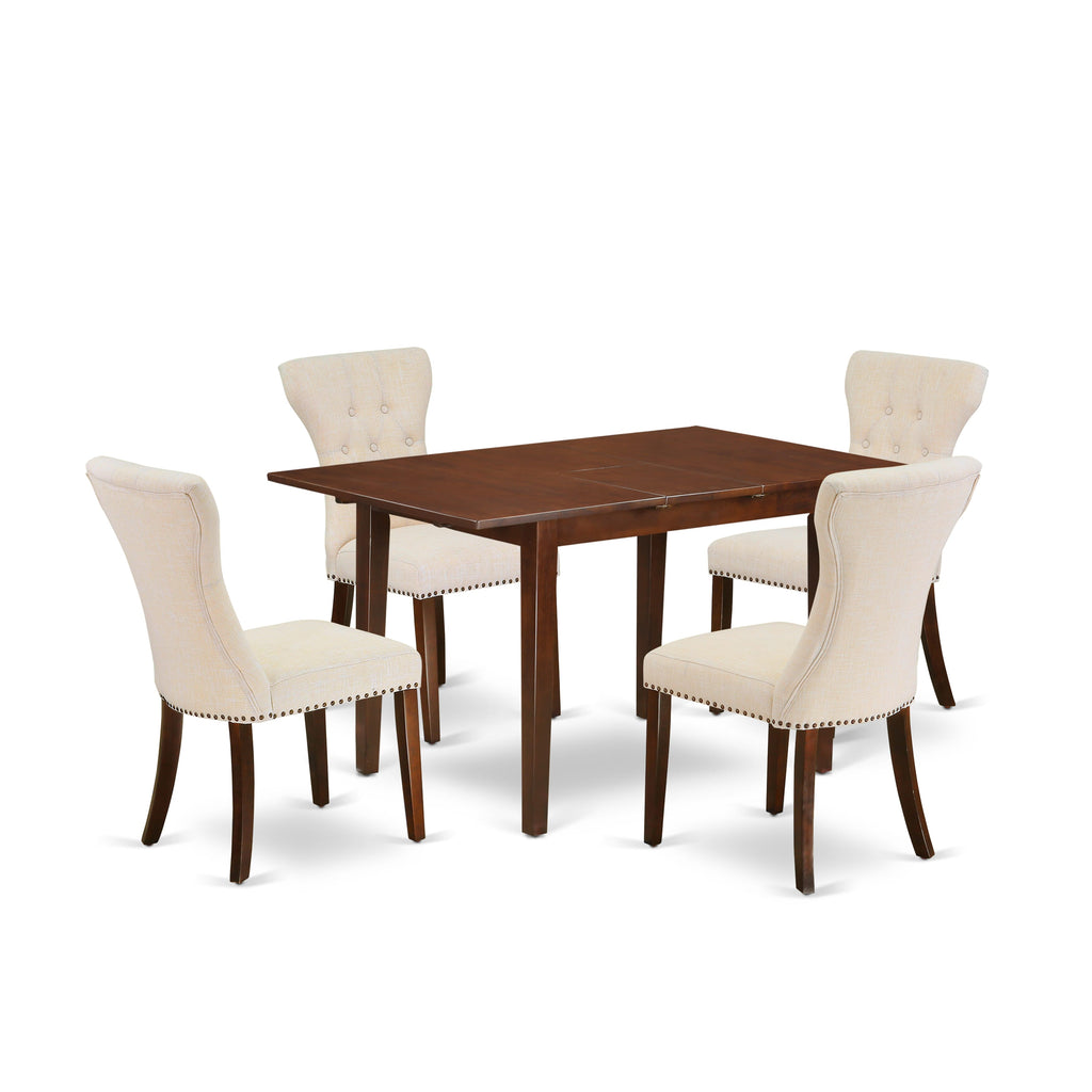 5-Piece Rectangle Dining Set NFGA5-12S-7Y with Butterfly Leaf & Light Beige Parson Chairs