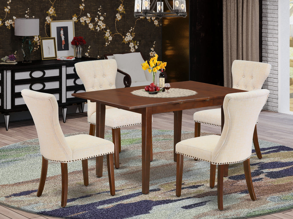 5-Piece Rectangle Dining Set NFGA5-12S-7Y with Butterfly Leaf & Light Beige Parson Chairs