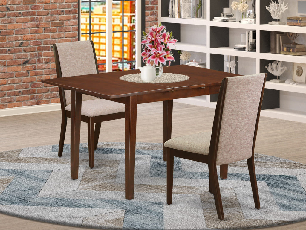 Dining Set NFLA3-82A-VD 3-Piece Rectangular Dining Table with Extending Leaf & Two Tan Fabric Chairs, 32x54 Inch, Rich Mahogany Finish