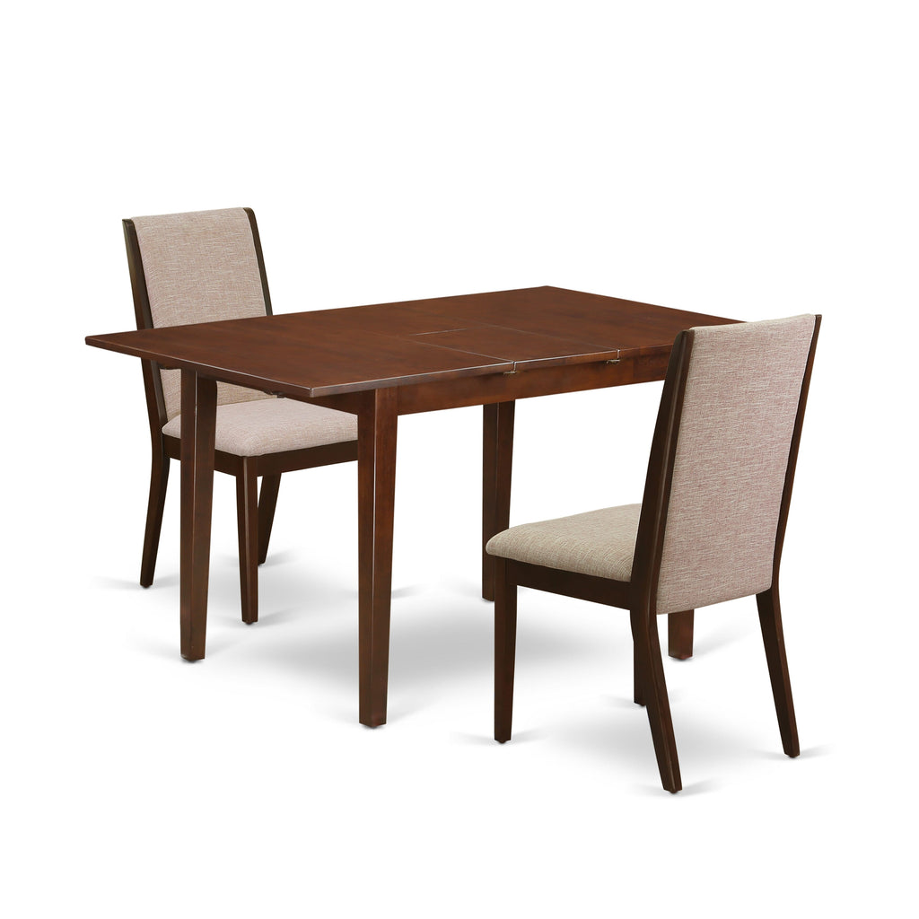Dining Set NFLA3-82A-VD 3-Piece Rectangular Dining Table with Extending Leaf & Two Tan Fabric Chairs, 32x54 Inch, Rich Mahogany Finish