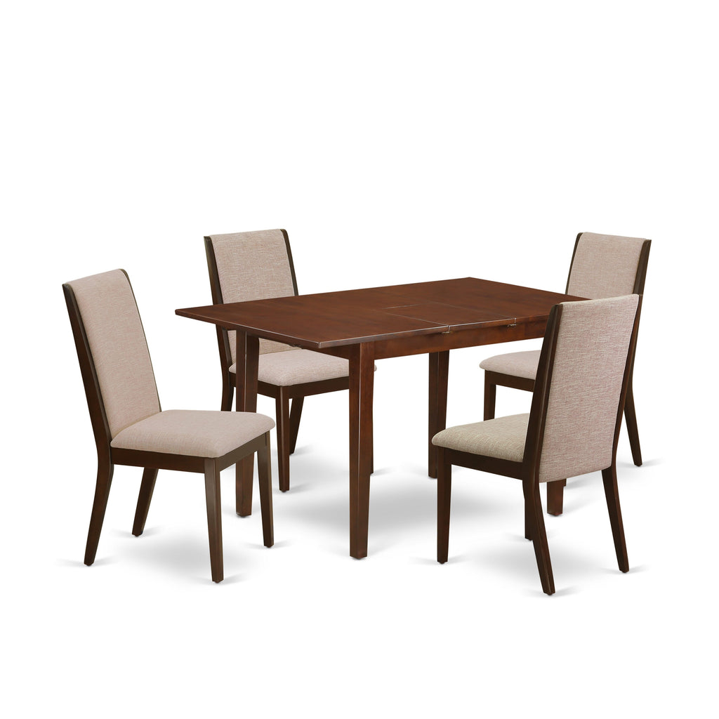 NFLA5-JEI-MY Dining Ensemble Mahogany Set with Rectangular Table & 4 Tan Linen Chairs