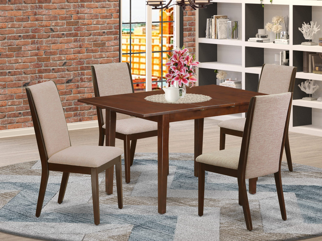 NFLA5-JEI-MY Dining Ensemble Mahogany Set with Rectangular Table & 4 Tan Linen Chairs