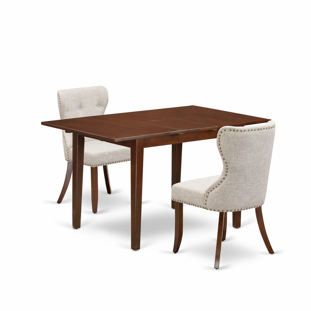 NFSI3-DS1-6D 3 Piece Dining Ensemble with Rectangular Table and Two Doeskin Upholstered Parsons Chairs