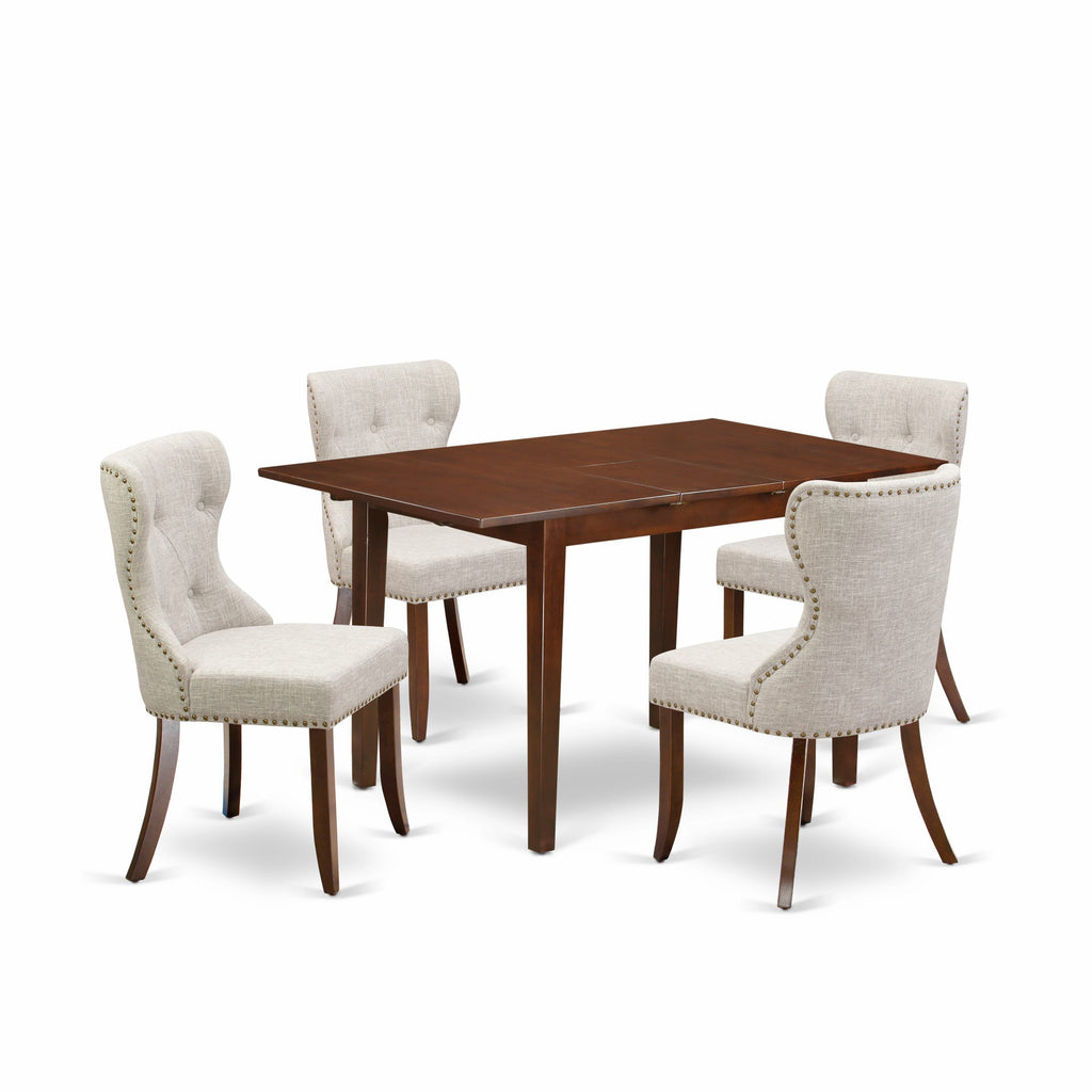 NFSI5-V00-QT 5-Piece Mahogany Dining Set Extendable Table with Butterfly Leaf & Doeskin Linen Chairs, 32x54