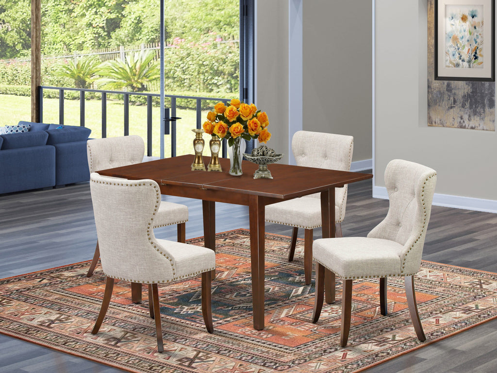 NFSI5-V00-QT 5-Piece Mahogany Dining Set Extendable Table with Butterfly Leaf & Doeskin Linen Chairs, 32x54