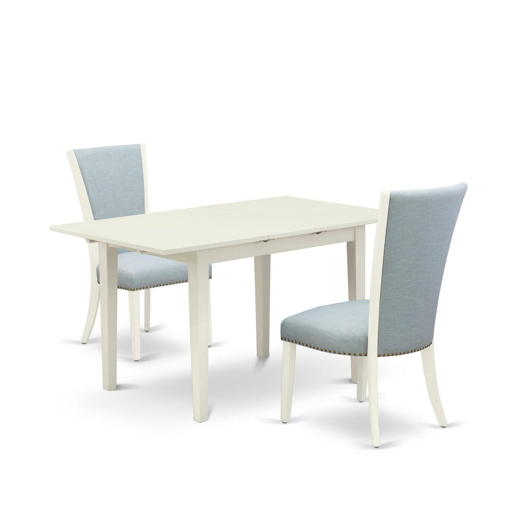 Elegant NFVE3-GYV-3U Dining Set - Rectangle Table with Butterfly Leaf & 2 Upholstered Baby Blue Chairs, 32x54 Inch, Linen Finish