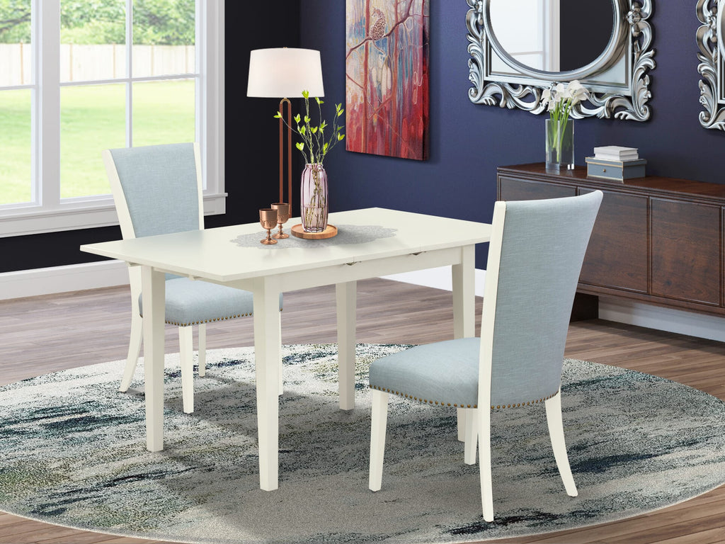 Elegant NFVE3-GYV-3U Dining Set - Rectangle Table with Butterfly Leaf & 2 Upholstered Baby Blue Chairs, 32x54 Inch, Linen Finish