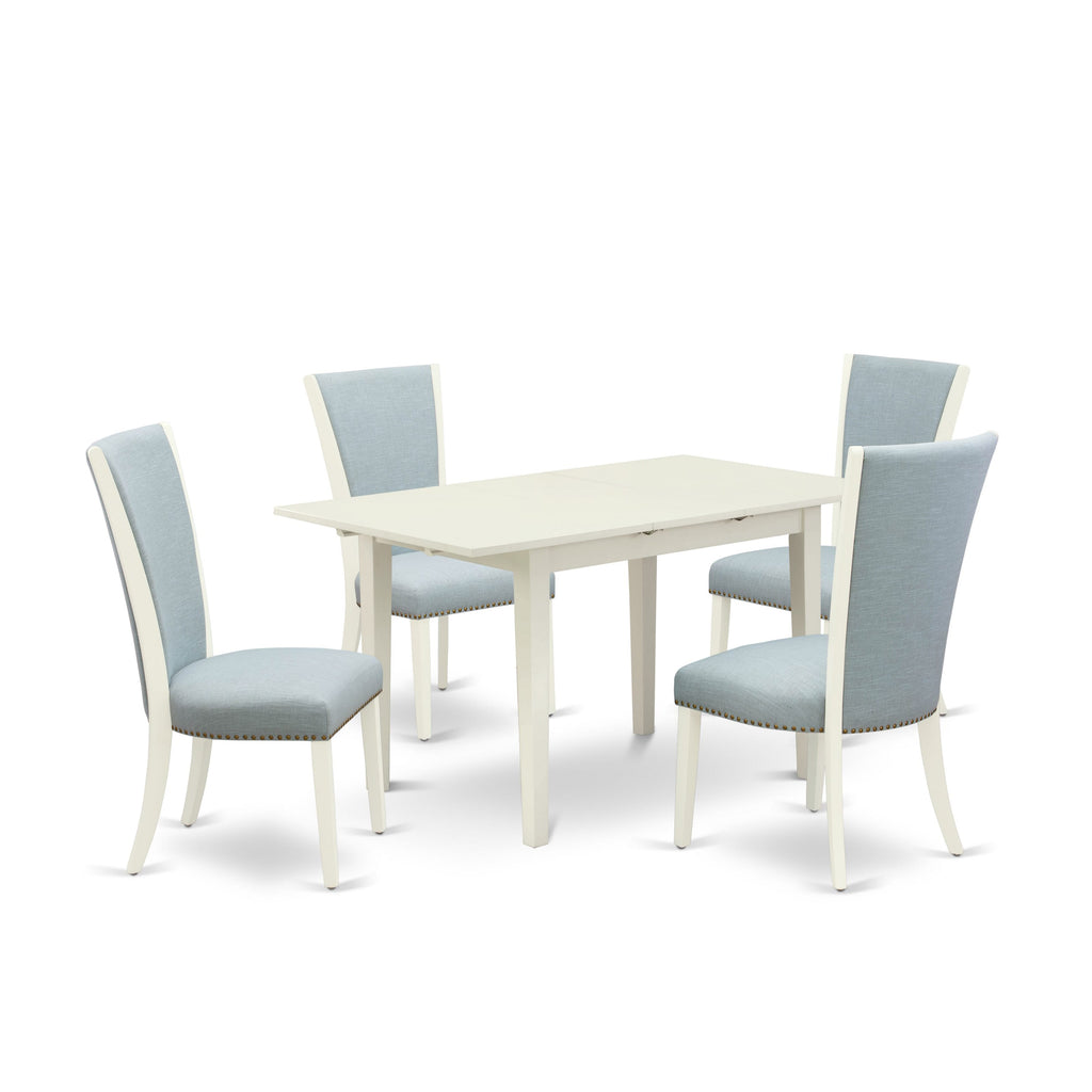 NFVE5-K3G-87 Radiant Dining Ensemble 5-Piece Set with Butterfly Leaf Table & 4 Linen Parsons Chairs in Light Blue Hues, 32x54 White
