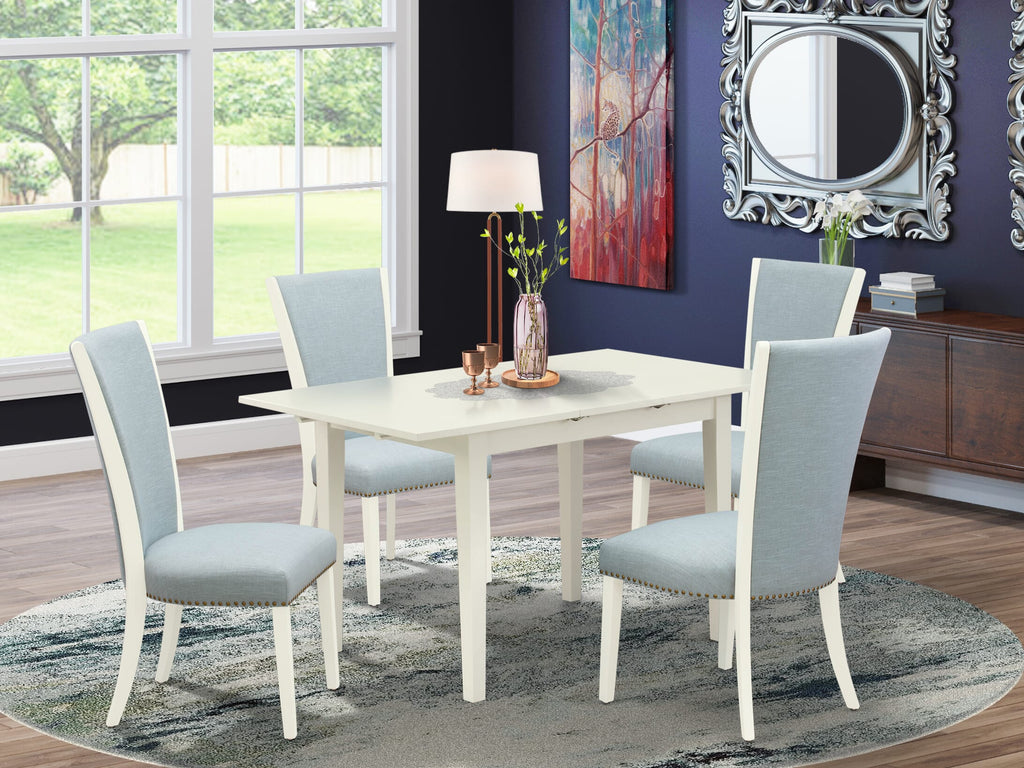 NFVE5-K3G-87 Radiant Dining Ensemble 5-Piece Set with Butterfly Leaf Table & 4 Linen Parsons Chairs in Light Blue Hues, 32x54 White
