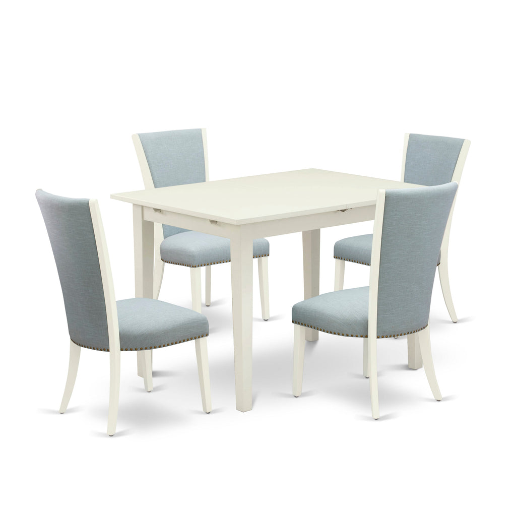 NFVE5-1DE-AS Urban Elegance Dining Ensemble - Rectangle Table & 4 Blue Fabric Parsons Chairs with Leaf Extension, 32x54 White