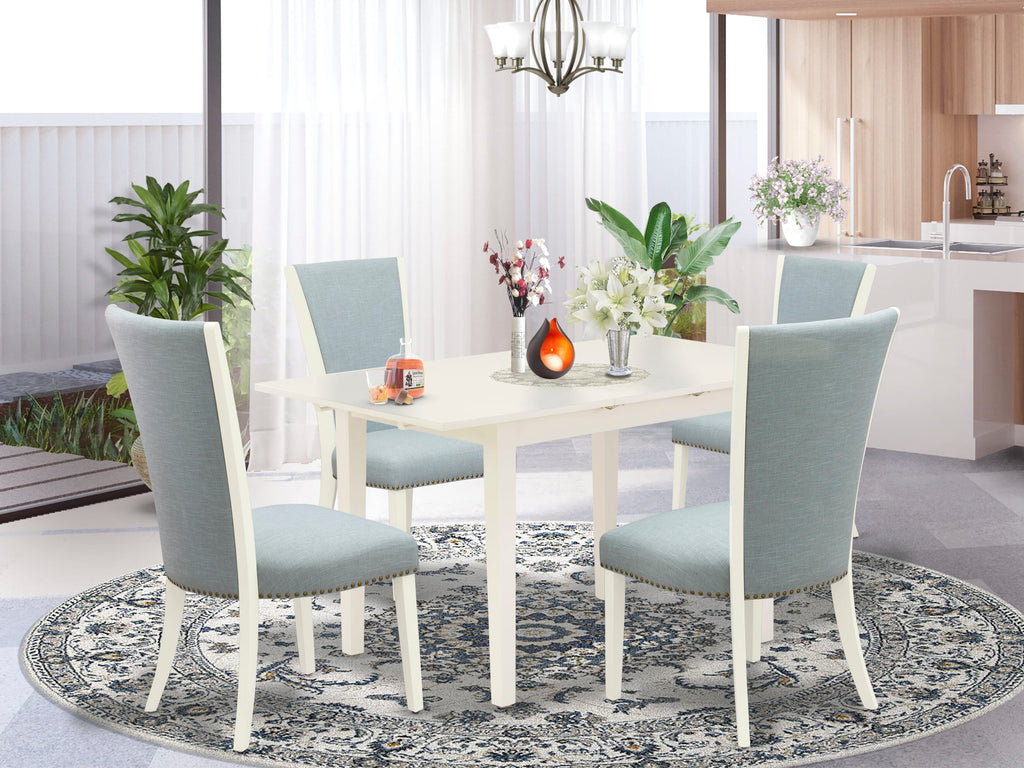 NFVE5-1DE-AS Urban Elegance Dining Ensemble - Rectangle Table & 4 Blue Fabric Parsons Chairs with Leaf Extension, 32x54 White