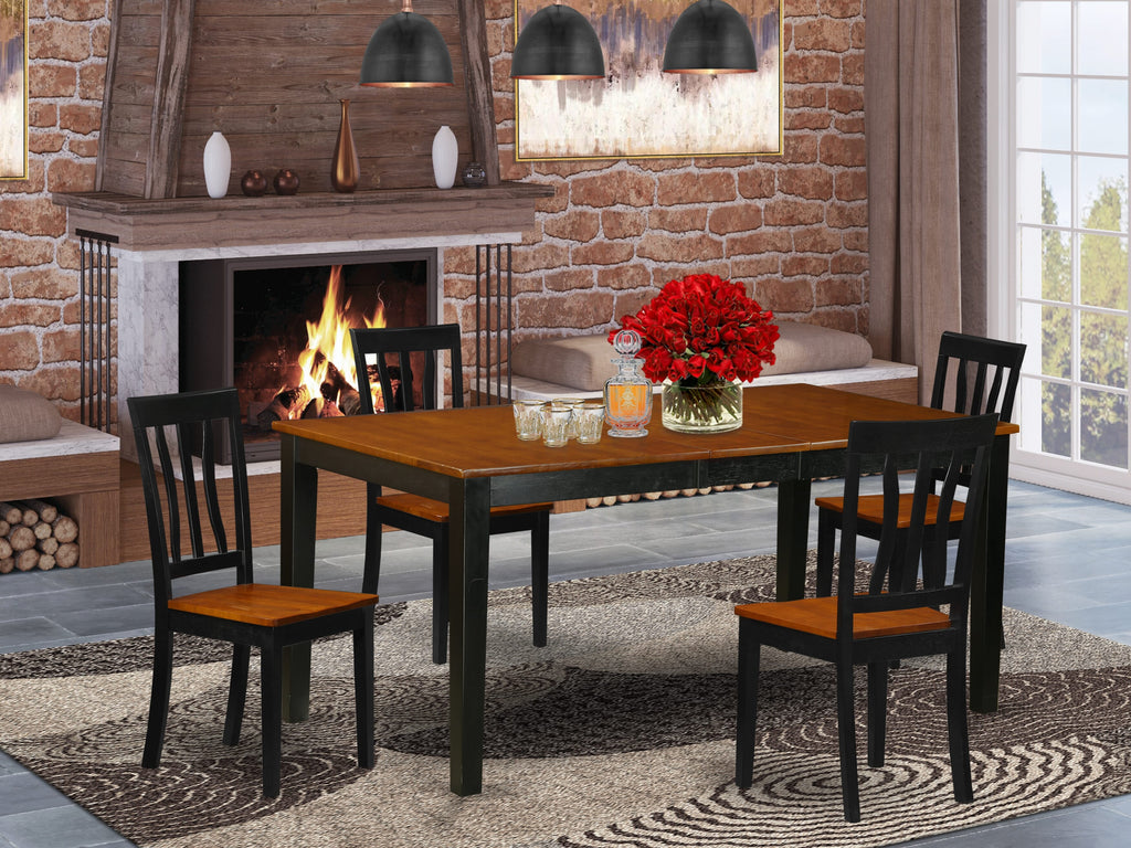 NIAN5-A7P-A 5-Piece Dining Set Rectangular Table with Extendable Leaf & 4 Cushioned Chairs in Black & Cherry Tones