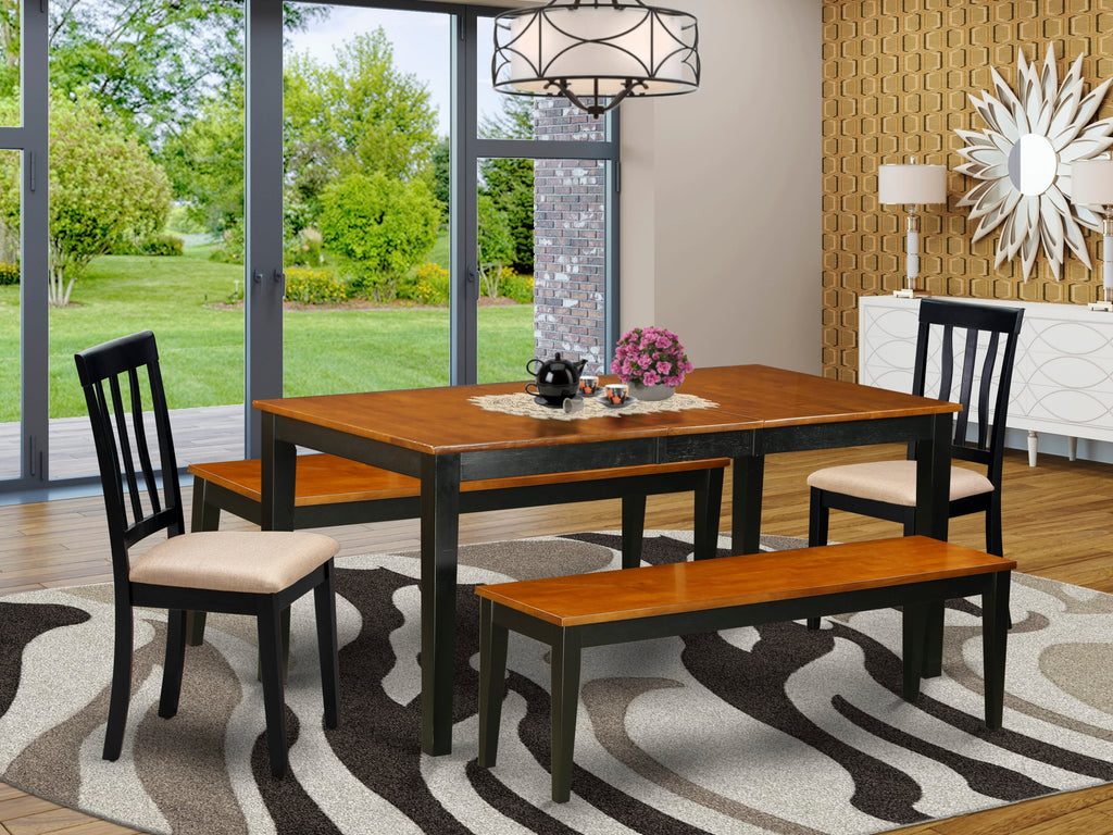 NIAN5N-FFO-3 - Elegant 5-Piece Dining Set with Expanding Wood Table, Comfortable Chairs & Benches in Black & Cherry