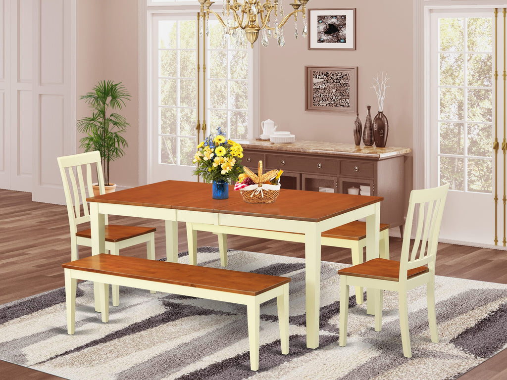NIAN5I-DGX-O 36x66in Dining Set 5-Piece Rectangular Table with Leaf, 2 Chairs & Benches, Buttermilk Cherry