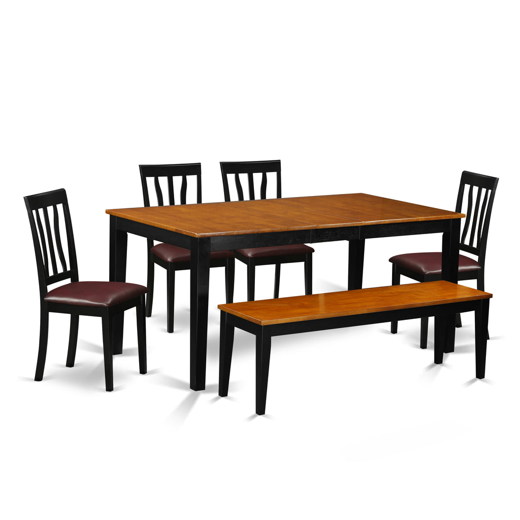 NIAN6-02P-9Q Dining Set with Expandable Table, 4 Upholstered Chairs & Bench, Black/Cherry Finish