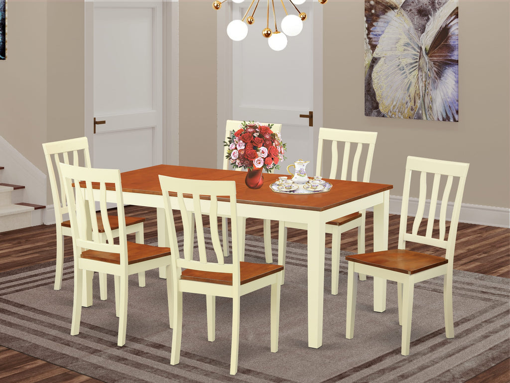 NIAN7-79A-B Dining Set Elegant 7-Piece Rectangle Table with Butterfly Extension and 6 Complimentary Chairs, Buttermilk & Cherry Finish