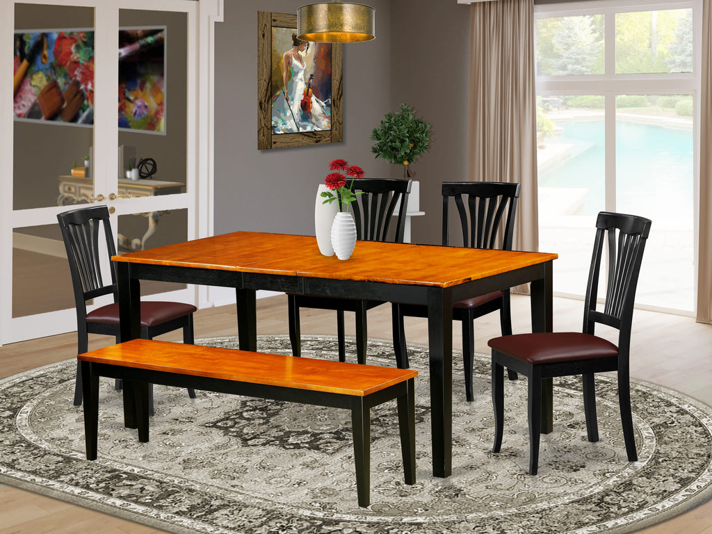 NIAV6-MB7-PG 6-Piece Rectangle Dining Set with Butterfly Leaf, Faux Leather Seats & Bench, 36x66 Black & Cherry