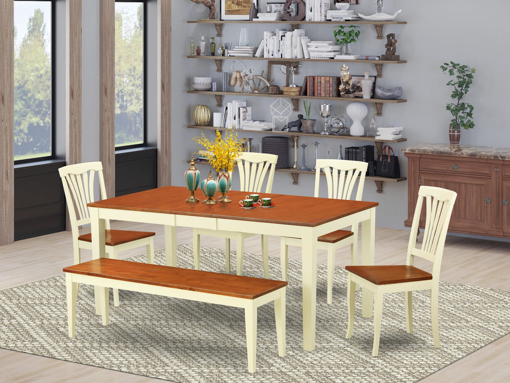 NIAV6-4QZ-C 6-Piece Dining Ensemble with Rectangle Table, Butterfly Leaf, 4 Chairs & Bench in Buttermilk-Cherry