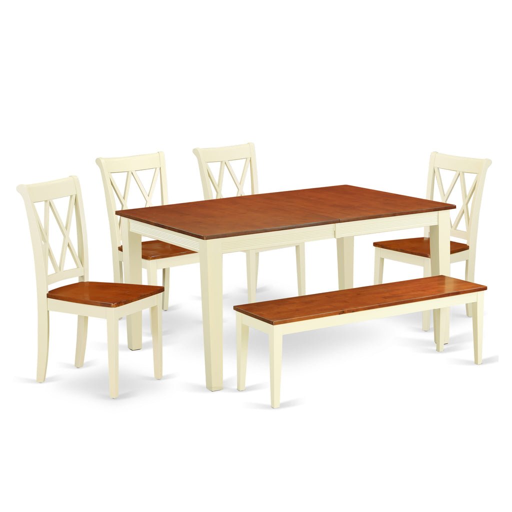 NICL6-U3Z-T Dining Set for 6 Rectangle Table with Butterfly Leaf, 4 Chairs & Bench in Buttermilk & Cherry