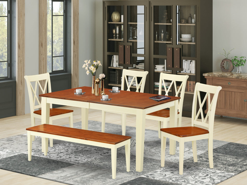 NICL6-U3Z-T Dining Set for 6 Rectangle Table with Butterfly Leaf, 4 Chairs & Bench in Buttermilk & Cherry