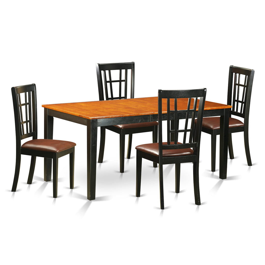 NICO5-6WZ-9O 5-Piece Dining Ensemble Rectangular Table with Leaf Extension & 4 Leather-like Seats, Rich Black & Cherry Finish, Expands to 66
