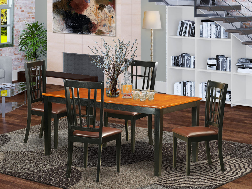 NICO5-6WZ-9O 5-Piece Dining Ensemble Rectangular Table with Leaf Extension & 4 Leather-like Seats, Rich Black & Cherry Finish, Expands to 66