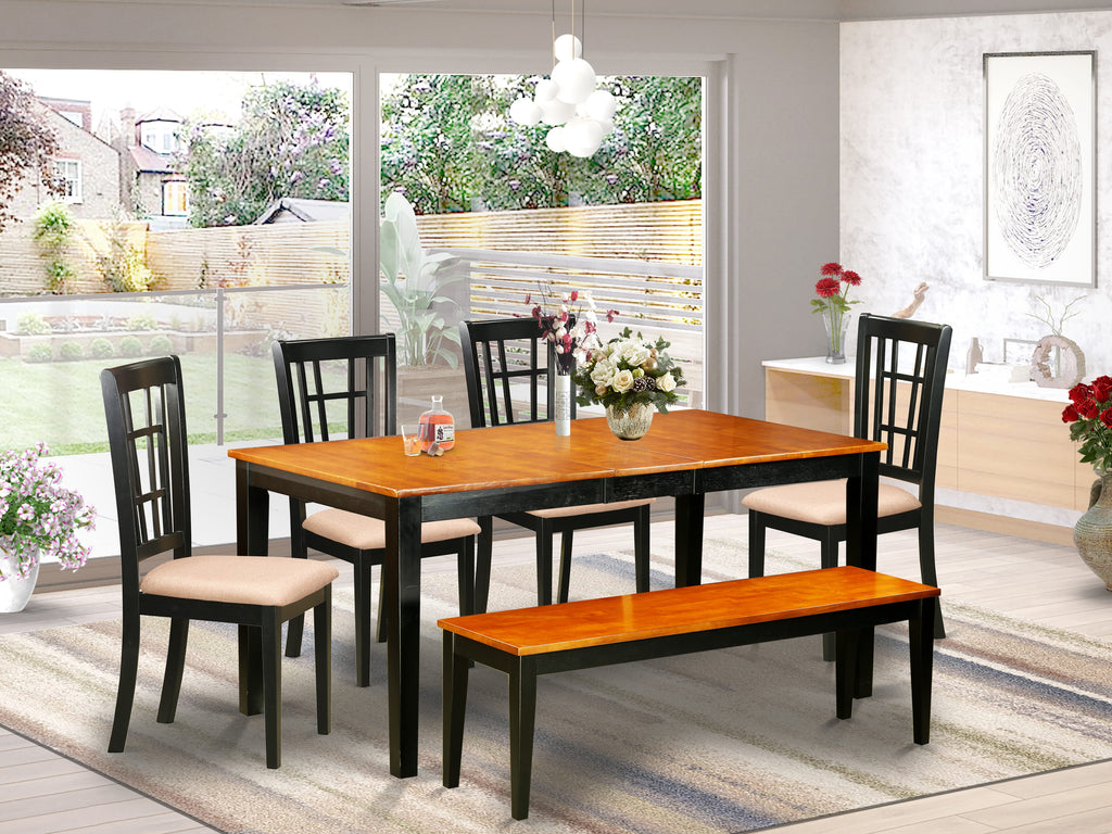 NICO6-UXP-P Kitchen Set 6-Piece Dining Ensemble – Table with Butterfly Leaf, 4 Chairs & Bench, 36x66, in Black Cherry