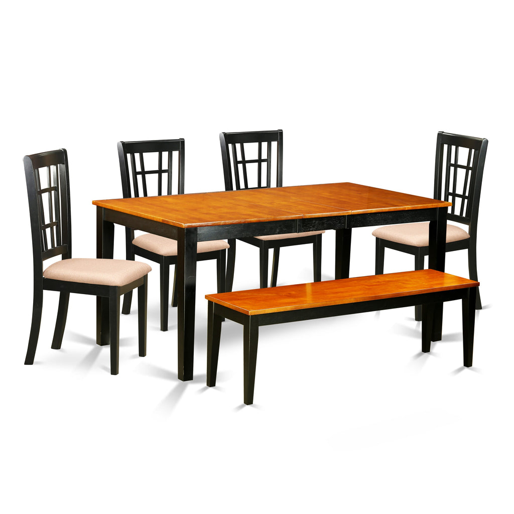 NICO6-UXP-P Kitchen Set 6-Piece Dining Ensemble – Table with Butterfly Leaf, 4 Chairs & Bench, 36x66, in Black Cherry