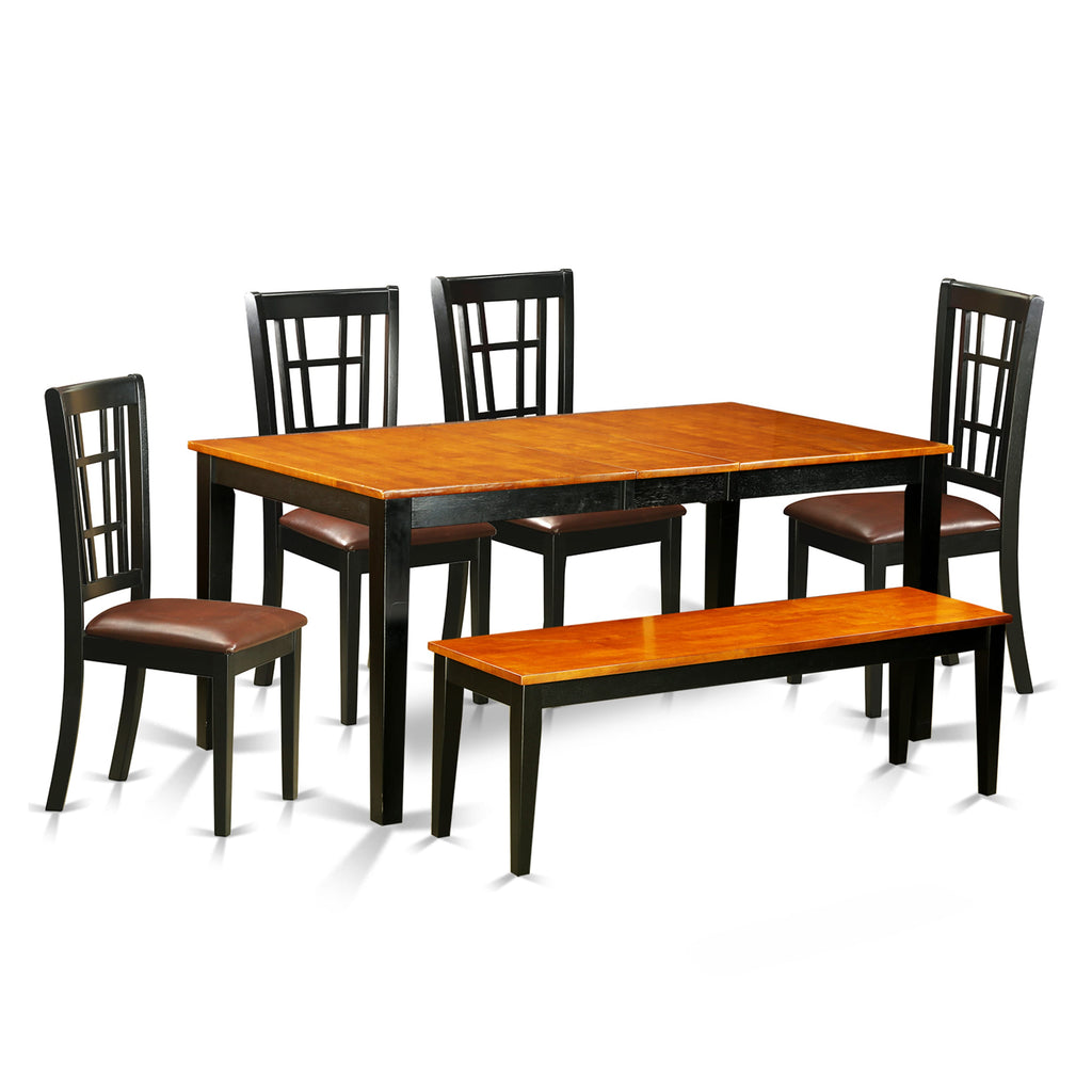 NICO6-RWS-X7 Stylish 6-Piece Dining Ensemble with Butterfly Extension Table, Faux Leather Chairs & Bench, in Black & Cherry