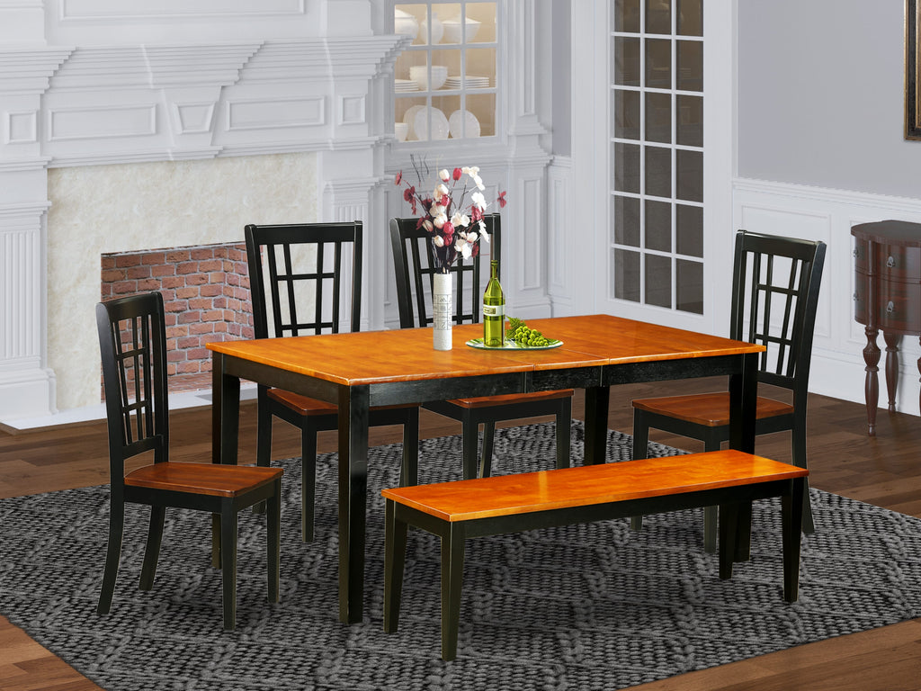 NICO6-6PS-Z Sophisticated 6-Piece Dining Ensemble with Expandable Leaf Table and Bench in Two-Tone Finish
