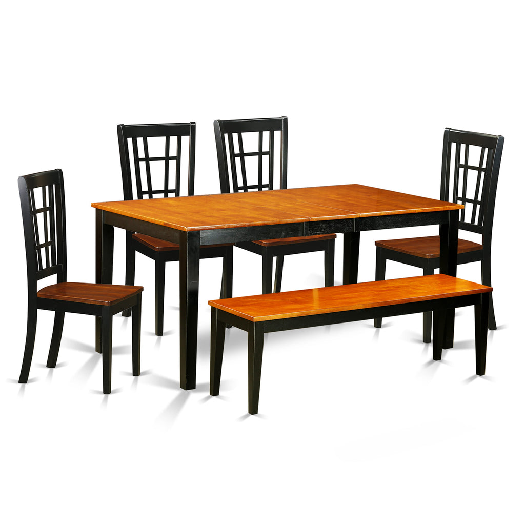 NICO6-6PS-Z Sophisticated 6-Piece Dining Ensemble with Expandable Leaf Table and Bench in Two-Tone Finish