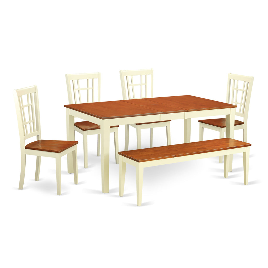 NICO6-SE7-4 6Pc Dining Suite with Expansive Table, Chairs & Bench in Warm Buttermilk and Cherry