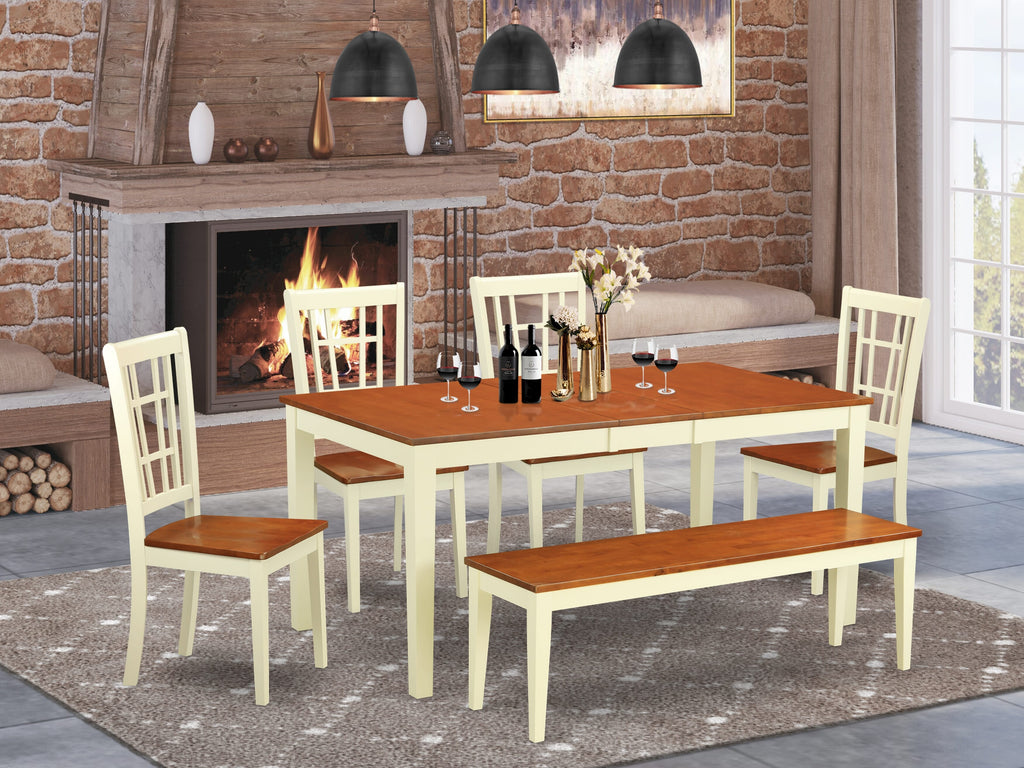 NICO6-SE7-4 6Pc Dining Suite with Expansive Table, Chairs & Bench in Warm Buttermilk and Cherry