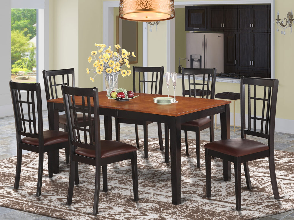 NICO7-GLA-B2 Seven-Piece Dining Ensemble with Extendable Table and Upholstered Seats, Black & Cherry Elegance