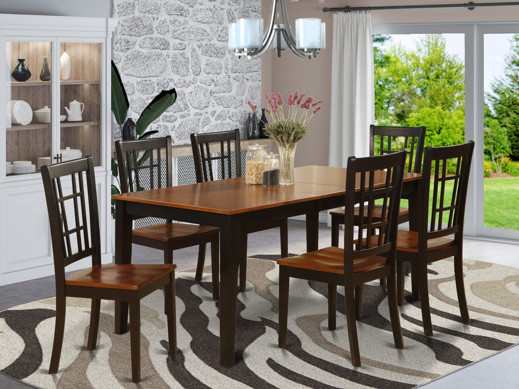 NICO7-KSM-0 Modern Dining Ensemble with Extendable Table & Six Chairs, Elegant Black & Cherry - 7 pc Set